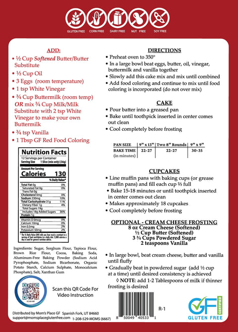 Mom's Place Gluten Free - Red Velvet Cake Mix - 15.2 oz