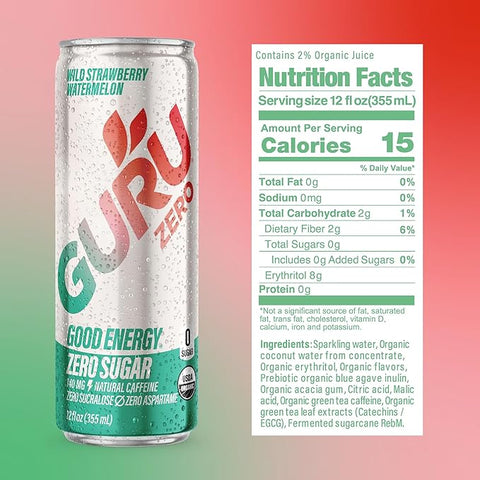 Guru - Zero Sugar Organic Energy Drink, Wild Strawberry Watermelon - 12 fl oz