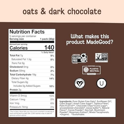 MadeGood - Organic Crunchy Granola Squares, Oats & Dark Chocolate 5pk - 5.3 oz
