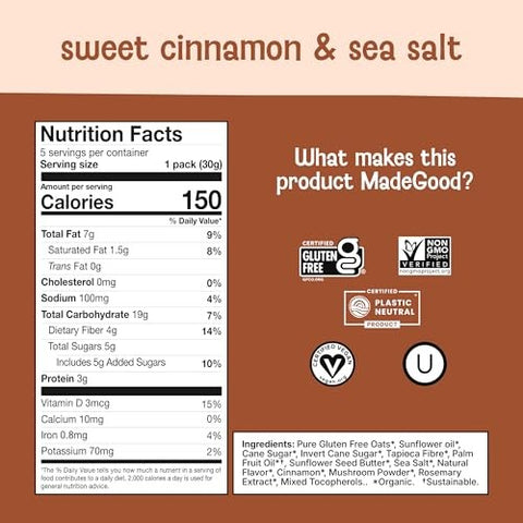 MadeGood - Organic Crunchy Granola Squares, Sweet Cinnamon & Sea Salt 5pk - 5.3 oz