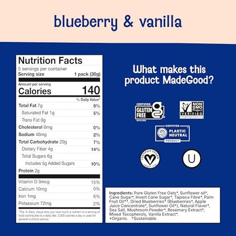 MadeGood - Organic Crunchy Granola Squares, Blueberry Vanilla 5pk  - 5.3 oz