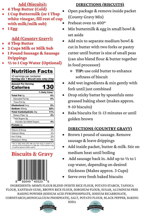 Mom's Place Gluten Free - Gluten-Free Buttermilk Biscuits & Country Gravy Mix