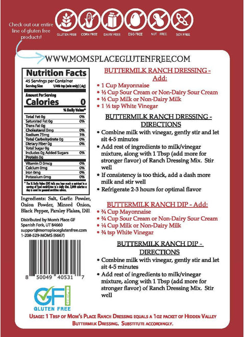 Mom's Place Gluten Free - Dairy-Free Ranch Dressing Mix - 1 oz