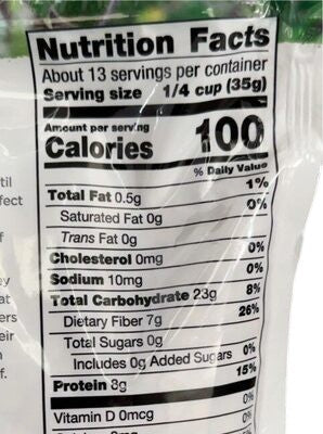 Eden’s Market Cadia organic dry brown lentils nutrition facts label showing calories and fiber content