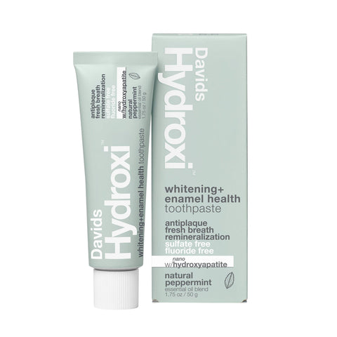 Eden’s Market Davids Hydroxi travel size peppermint toothpaste in a recyclable metal tube with matching box.