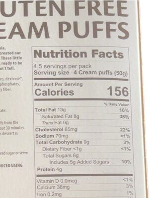 Eden’s Market Delizza gluten-free mini cream puffs nutrition facts label showing 156 calories per serving