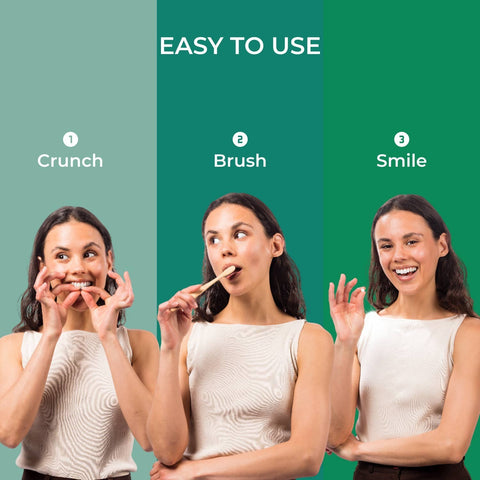 Eden’s Market Kaylaan toothpaste tablet usage guide showing a woman crunching, brushing, and smiling with clean teeth.