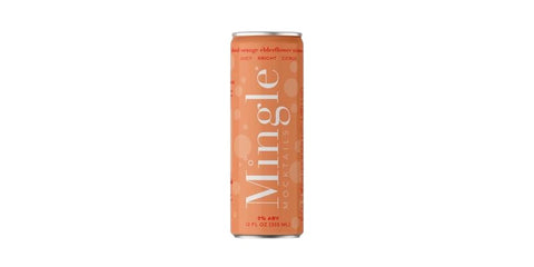 Eden’s Market Mingle blood orange elderflower mocktail in a 12 oz orange can with a refreshing citrus design.