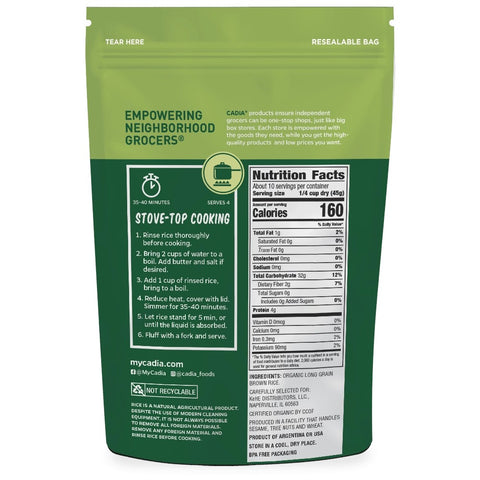 Back of Eden’s Market Cadia organic long grain brown rice bag showing cooking instructions and nutrition facts