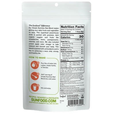 Eden’s Market Sunfood Superfoods Simple Nutrition Red Blend 4 oz pouch back view with nutrition facts and instructions