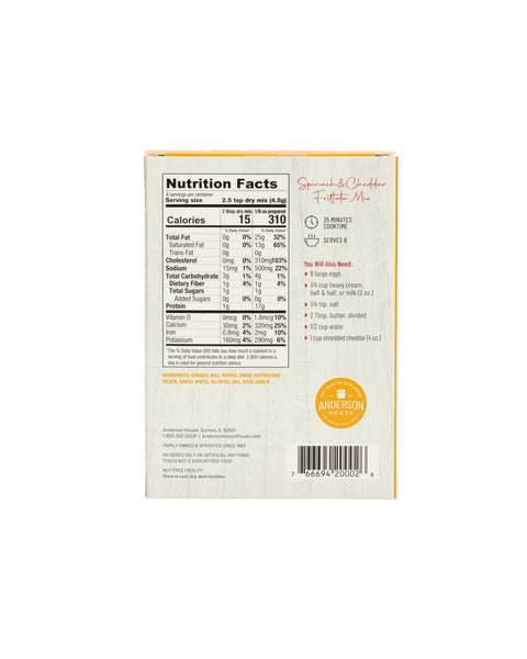 Eden’s Market Frontier Soups Spinach & Cheddar Frittata Mix nutrition label and ingredient list on white background