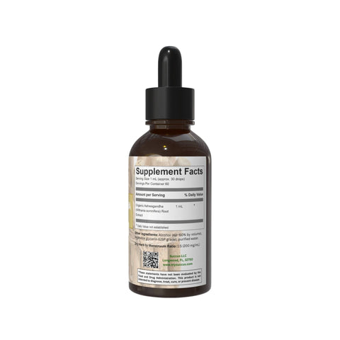 Eden’s Market Succus Ashwagandha tincture in an amber glass dropper bottle showing the supplement facts label