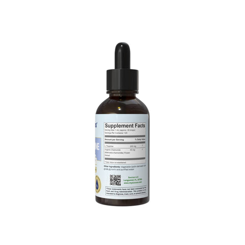 Eden’s Market Succus L-Theanine liquid supplement bottle with chamomile, featuring a dropper cap and supplement facts.