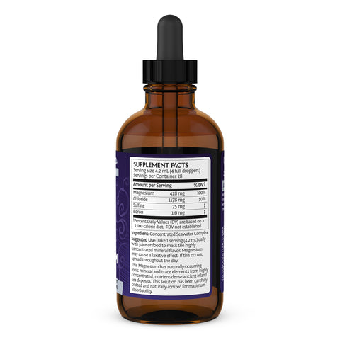 Eden’s Market Sunwarrior Liquid Magnesium Ionic Drops in an amber glass bottle showing the supplement facts label.