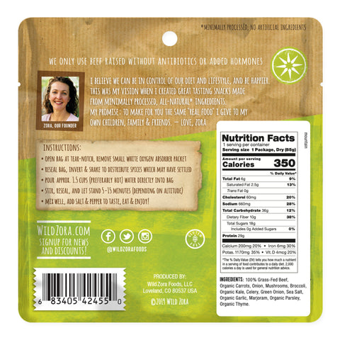 Eden’s Market Wild Zora Mountain Beef Stew back of packaging with nutrition facts, ingredients, and instructions.