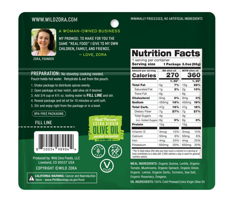 Eden’s Market Wild Zora Greek Garden Lentil Quinoa Bowl nutrition label and preparation instructions on green pouch