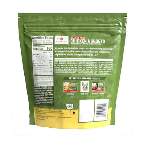 Back of Eden’s Market Applegate Naturals gluten-free chicken nuggets bag showing nutrition facts and instructions.