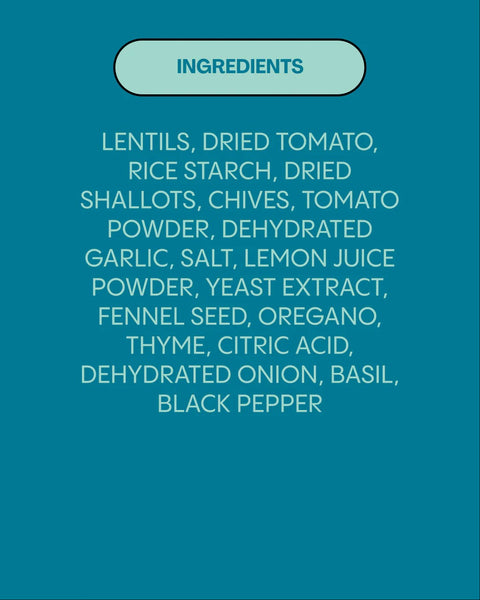 Eden’s Market Lentiful Lemon Mediterranean instant lentils ingredient list on a teal background.