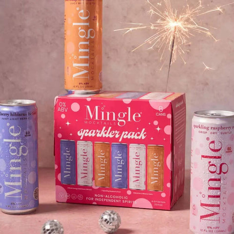 Eden’s Market Mingle Mocktails Sparkler Pack featuring six non-alcoholic sparkling drink cans in various flavors.