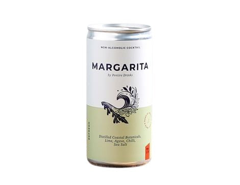 Eden’s Market Pentire non-alcoholic margarita cocktail in a white and sage green can with coastal botanical design.