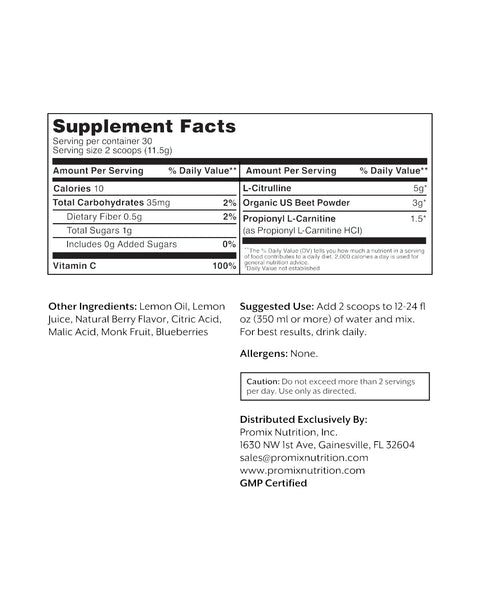 Eden’s Market Promix Blood Flow Berry Beets supplement facts label detailing ingredients and nutritional information.