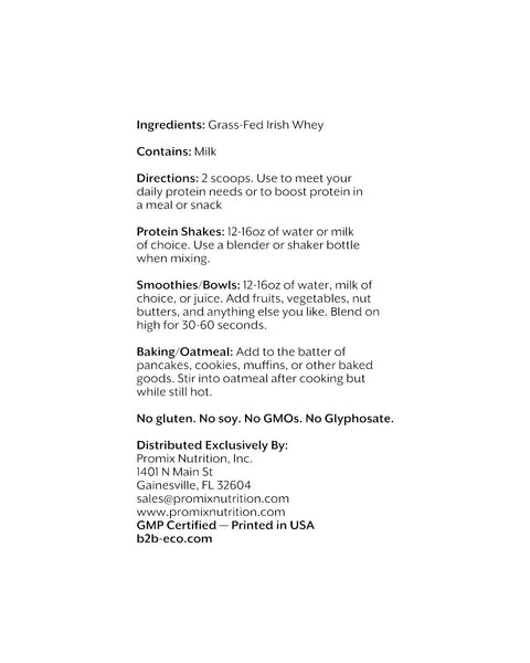 Eden’s Market Promix grass-fed whey protein powder ingredient and usage label information