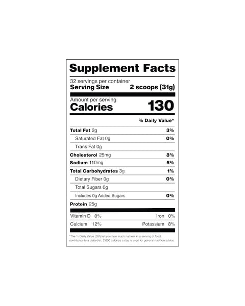 Eden’s Market Promix grass-fed whey protein powder supplement facts label showing 25g of protein per serving