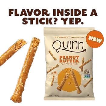 Eden’s Market Quinn gluten-free peanut butter filled pretzel sticks in a 6.5 oz bag with crunchy snack imagery.