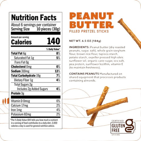 Eden’s Market Quinn peanut butter filled pretzel sticks nutrition facts label and ingredient list
