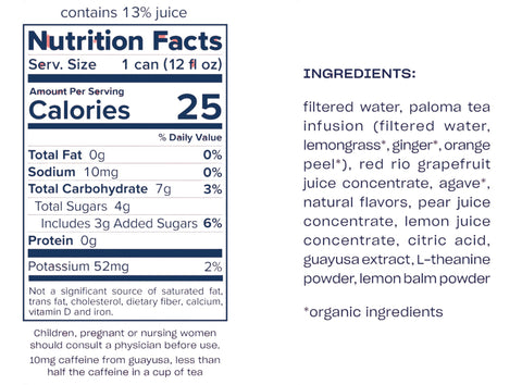 Eden’s Market Recess Grapefruit Paloma mocktail nutrition facts and ingredients label on a pink background