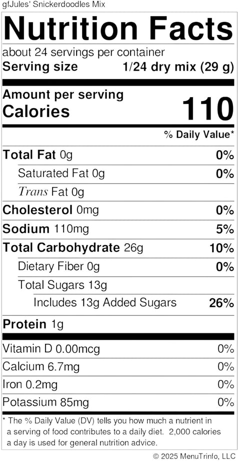 Eden’s Market gfJules gluten-free snickerdoodle cookie mix nutrition facts label showing 110 calories per serving