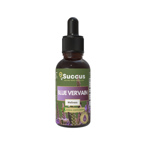 Eden’s Market Succus Blue Vervain alcohol-free herbal tincture in a 1 fl oz amber glass dropper bottle.