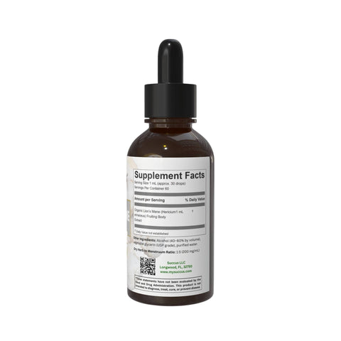 Eden’s Market Succus Lion’s Mane alcohol-free tincture in a brown glass dropper bottle showing supplement facts label