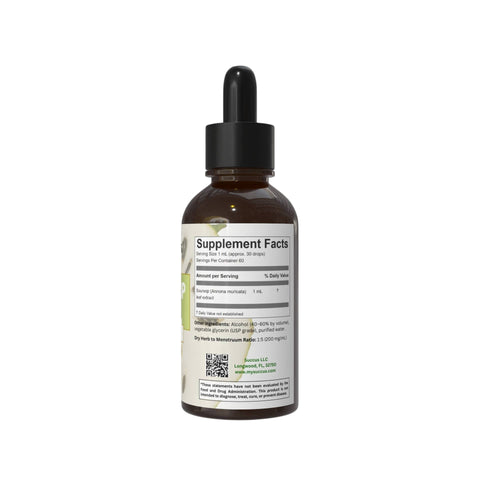 Eden’s Market Succus Soursop Graviola tincture in an amber glass dropper bottle showing the supplement facts label