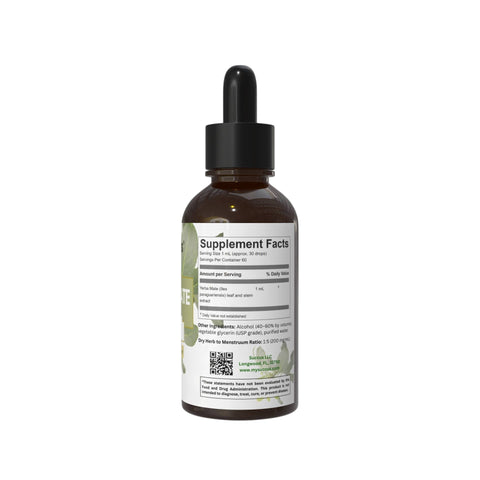 Eden’s Market Succus Yerba Mate tincture in an amber glass dropper bottle showing the supplement facts label