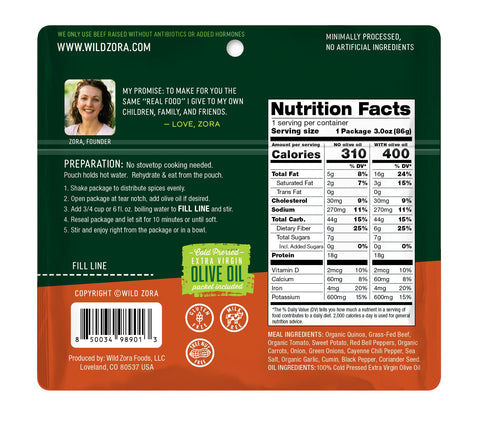 Eden’s Market Wild Zora Fiesta Beef Quinoa Bowl nutrition facts and preparation instructions on green packaging.