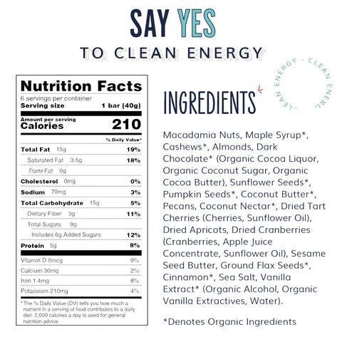 Eden’s Market YES Bar nutrition facts and ingredient list label for Macadamia Cherry Chocolate snack bar